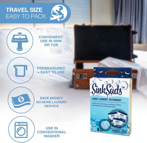 SinkSuds Laundry Detergent - Travel Size Liquid Soap | TSA Compliant, Safe for All Fabrics, 8 Packets