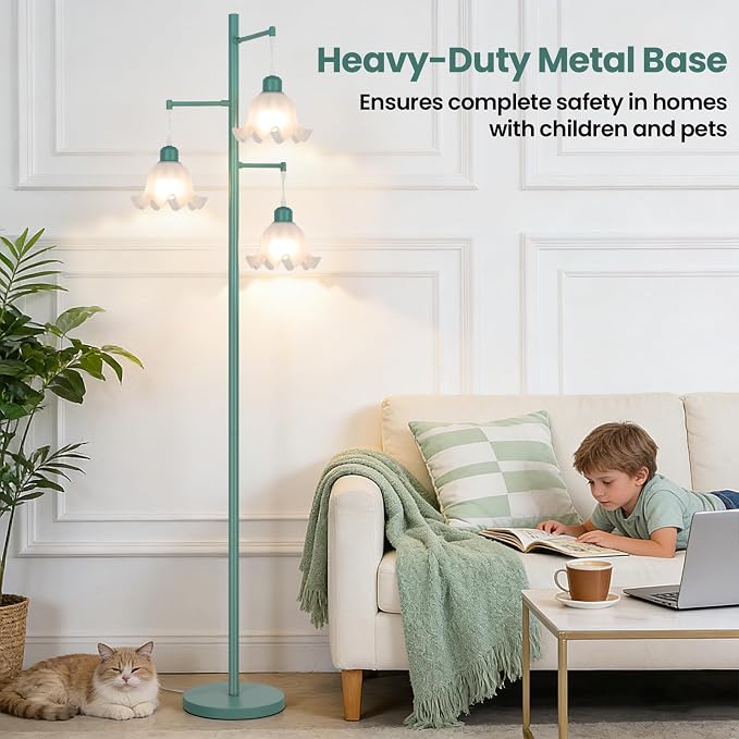 TOBUSA Green Flower Floor Lamp for Living Room, 3-Light Vintage Floor Lamp with 3 LED Bulbs, 68’’ Tall Standing Lamp with White Acrylic Shades, Modern Boho Unique Floral Floor Light for Bedroom Office