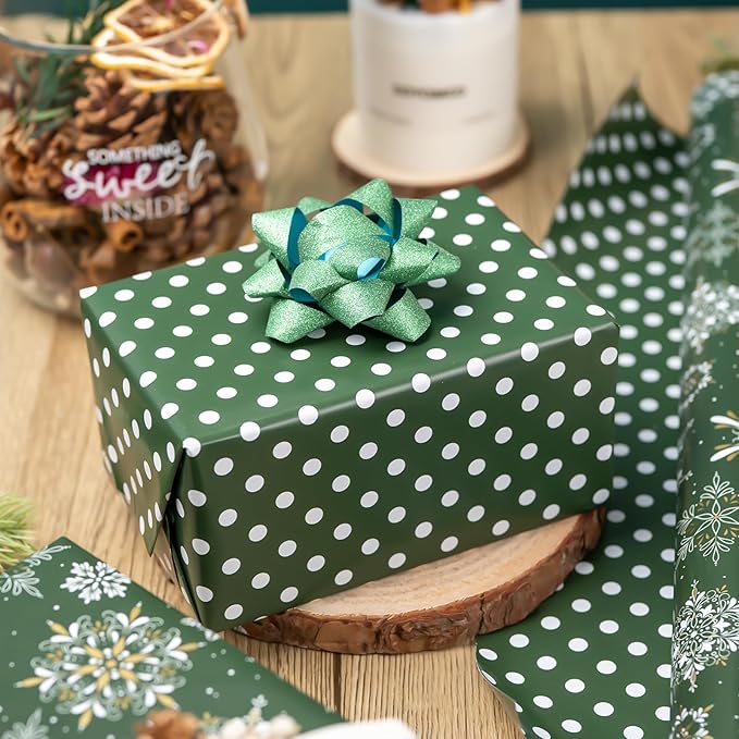 MAYPLUSS Christmas Wrapping Paper Roll - 17IN X 33FT - Green Gift Wrapping Paper Featuring Snowflake Against Dark Green Reversible Polka Dot for Kids, Holiday, New Year