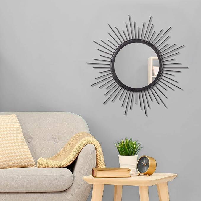Large Sunburst Wall Mirror Boho Home Decor Round Wall Art Mirror Modern Metal Hanging Mirror Bathroom Bedroom Hallway Balcony Vanity Living Room Entryway Black 20"