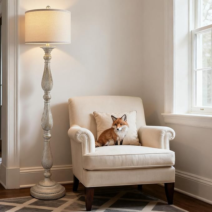 PARTPHONER Vintage Floor Lamp for Living Room, Rustic Farmhouse Standing Lamp with Rotary Switch and Linen Shade, Retro Resin Floor Lamp for Bedroom, Corner, Dining Room, House Decor, Grey