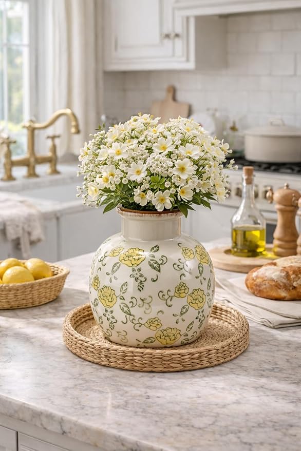 SIDUCAL Ceramic Vintage Vase, 5.91 Inch Retro Ice Cracked Chinoiserie Floral Vase, Rustic Farmhouse Vases for Home Decor, Bookshelf, Garden, Chinoiserie Decor, Tuscan Decor, Yellow Rose Pattern