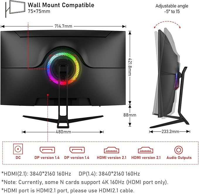 Gawfolk 32-inch 4K Ultra HD Curved 1500R Computer Monitor, 160Hz Gaming Screen, 1ms, Adaptive Sync, 128% sRGB, 178° Wide Viewing Angle, HDMI 2.1, DisplayPort, Compatible with 75*75MM Wall Mount-Black
