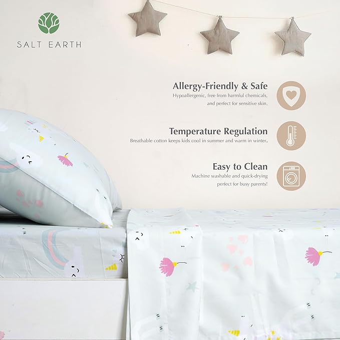Salt Earth 100% Cotton 210TC Kids Bedsheet, Twin Fitted Sheet, Toddler Bed, 2 Piece Bedding Set- 1 Fitted Sheet and 1 Pillowcase, Themed Toddler Bed Sheets, Cute Sheets for Kids Bed (Unicorn)