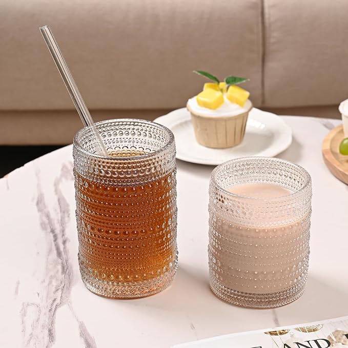 ZMOWIPDL Vintage Hobnail Drinking Glasses Set of 8,Clear 12 oz & 15oz Highball Glass Cups, Kitchen Drinkware Glassware,Embossed Water Tumbler,for Beer,Cocktail,Whiskey,Juice and Various Mixed Drinks