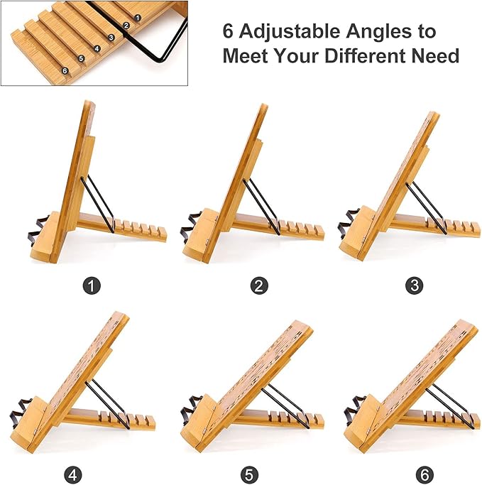 MEGREZ Bamboo Book Stand 13.2 x 9.4 inch, Foldable Cookbook Holder with 6 Adjustable Height, Reading Book Holder for Recipe, Music Book, Textbook, Tablet Stand, Butterflies