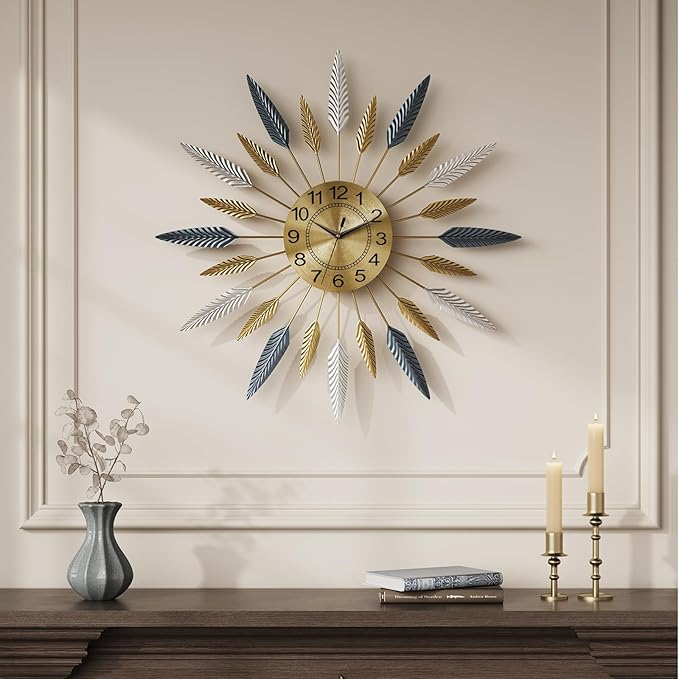 Cuspin Large Wall Clock, 24 Inch Mid Century Modern Clock Decorative Golden Feather Sunburst Wall Clock, Silent Non Ticking Battery Operated Wall Clocks for Living Room Decor