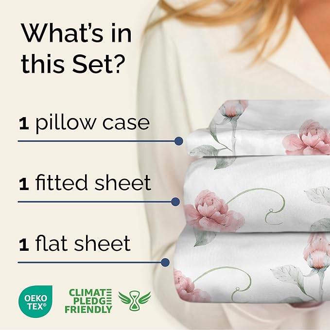 Floral Sheets - Floral Rose Bed Sheet Set - 1 Flat, 1 Fitted & 1 Pillowcase w/ Deep Pockets - Comfy, Wrinkle & Fade Free - Boho Botanical Bedding - Ultra-Soft, Breathable and Cooling - Twin Size Set