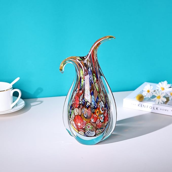 Hand Blown Glass Vase – Oval Decorative Art Glass for Centerpieces, Murano Inspired Decor for Dining Room, Entryway Table, or Shelf, Handmade Glass Vase for Home Display (Teal)