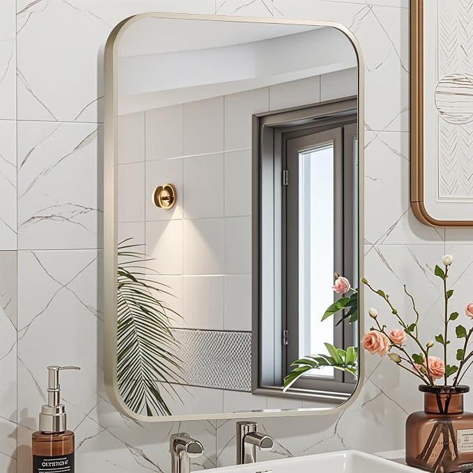 40x30 Inch Brushed Nickel Bathroom Mirror, Framed Rectangle Mirror with Rounded Corner, Brushed Mirror, Silver Bathroom Mirror for Over Sink, Vanity, Living Room, Bedroom, Horizontal/Vertical
