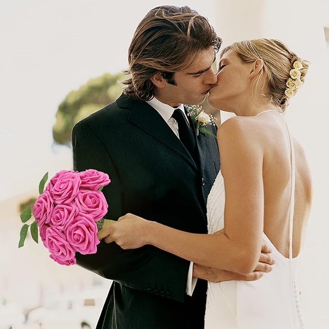 Artificial Roses Flowers 50pcs Real Looking Foam Fake Roses with Stems for DIY Wedding Bouquets Bridal Shower Centerpieces Party Decorations (50, Rose Red)