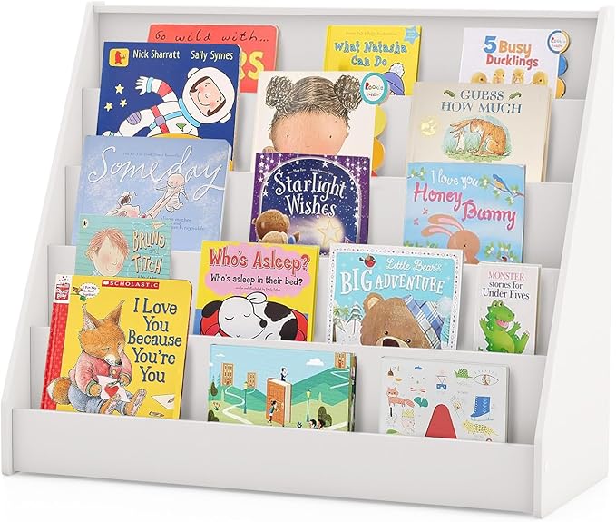 KOTEK 5-Tier Kids Bookshelf, Wooden Floor Display Shelf for Books and Magazines, Toddler Bookcase, Montessori Book Shelf for Kids Room, Daycare, Preschool, Classroom (White)