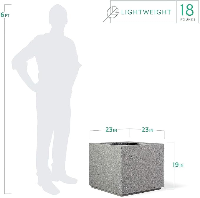 PolyStone Monterray Modern Outdoor/Indoor Square Planter, 23" L x 23" W x 19" H, Lightweight, Heavy Duty, Weather Resistant, Polymer Finish, Commercial Grade and Residential (Gray Granite)