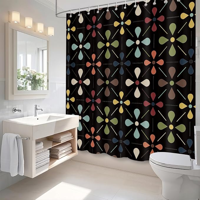 APROPHIC Mid Century Retro Shower Curtain 72x72 Inches, Vintage Geometric Pattern Bathroom Curtain with Hooks, Waterproof Polyester Fabric for Bath Shower, Machine Washable Home Decor for Bath, Black
