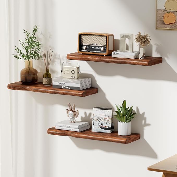 Solid Wood Live Edge Floating Shelves Set of 2 – 24" Rustic Wall Shelf with Hidden Bracket System, Wall Mounted Shelves for Bathroom, Kitchen, Living Room, Bedroom (Glazed Walnut)