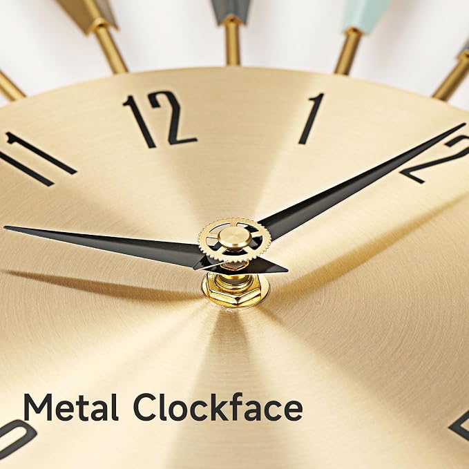 Cuspin Mid Century Modern Wall Clock, 22 Inch Large Metal Wall Clock for Living Room Decor, Colorful Sunburst Starburst Decorative Clocks Silent Battery Operated for Kitchen Bedroom Office