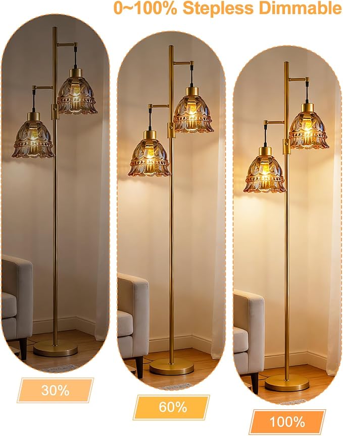 Lightdot 65IN Glass Floor Lamp for Living Room, 2- Light Gold Flower Floor Lamps with Amber Glass Lampshade, 3000K Warm White Modern Standing Tall Lamp with 5Lbs Heavy Base for Bedroom Corner