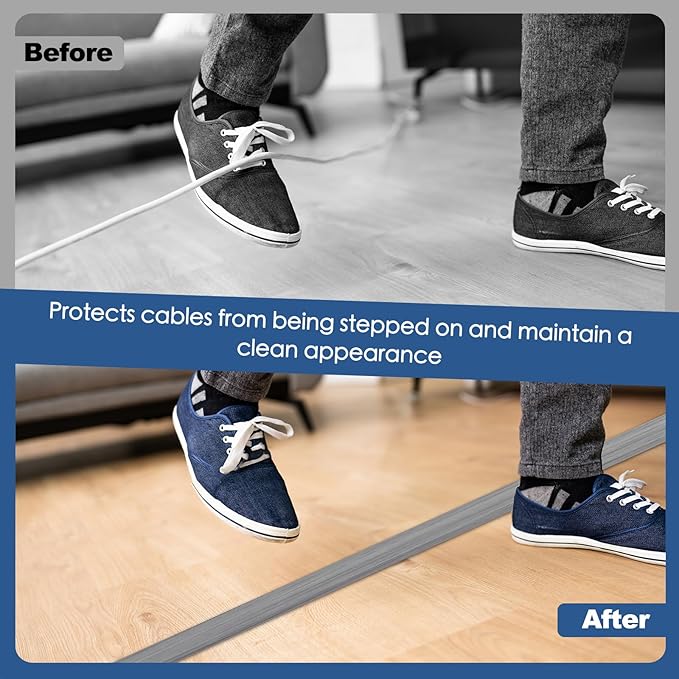 Floor Cord Cover for Wires on Floor Self Adhesive Cord Hider Floor Cable Management Wire Covers for Cords Protector Prevent Cable Trips Cord Cavity W 0.47" x H 0.27", Gray Wood, 10Ft