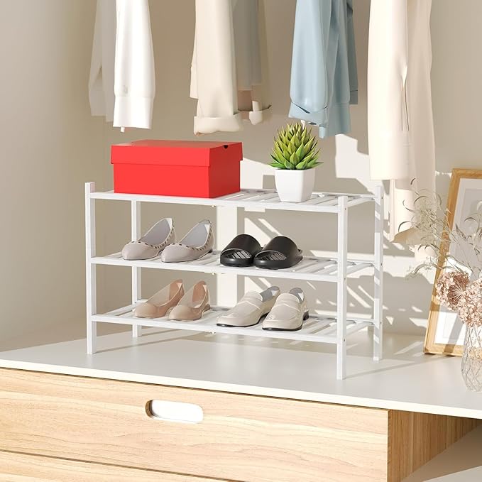 RONGJlA 2 Tier Bamboo Shoe Rack for Closet Free Standing Wood Shoe Shelf Storage Organizer for Entryway Small Space Stackable,White