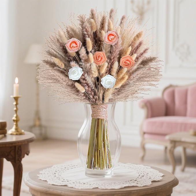 Pampas Grass Boho Home Decor 101PCS 17 inch Natural Dried Flowers for Vase Pompas Eucalyptus Stems, Artificial Flowers Bouquet DIY Arrangements Boho Wedding Bedroom Tables Rustic Decoration