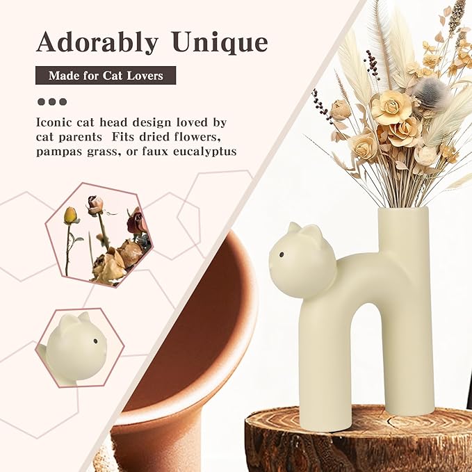 Cat Lover Gift – Minimalist Animal Vase for Dried Flowers, Pampas Grass – Calm Shelf Decor for Women, Cat Moms, Girlfriend, or Neutral Rooms