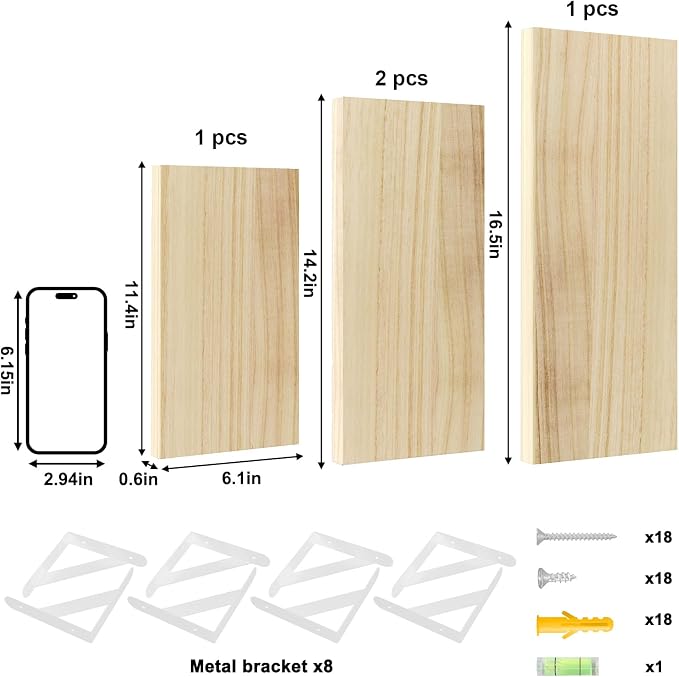YGEOMER Floating Shelves for Wall, Different Sizes Natural Wood Wall Shelves for Living Room, Bathroom, Bedroom, Kitchen, Home Decor (Set of 4)