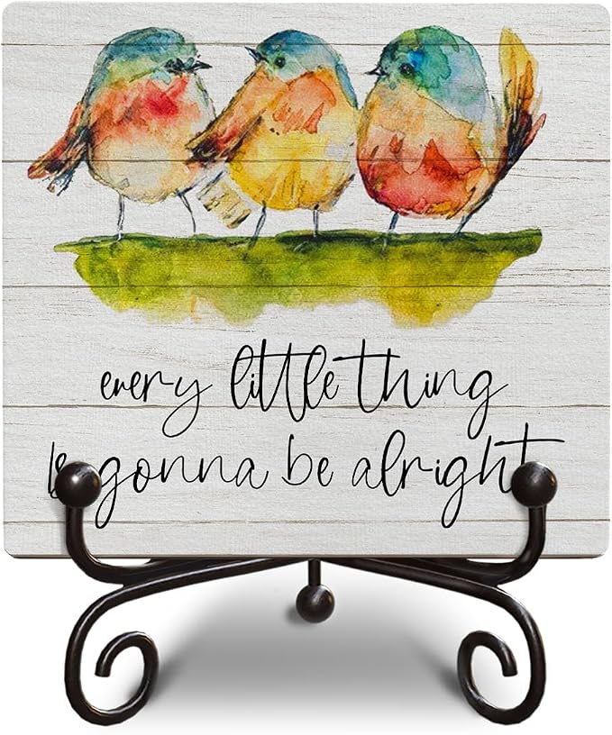 Uplifting Inspirational Gifts - Watercolor Birds Wooden Sign - Every Little Thing Is Gonna Be Alright - Rustic Farmhouse Decor for Shelf, Desk, Tabletop, 5x5 Inches -K17