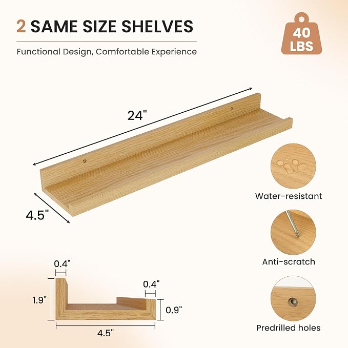 Dreamland Picture Ledge Shelf for Wall, Floating Shelves Set of 2, 24 Inch Long Floating Shelves with Lip for Living Room, Bedroom, Bathroom, Kitchen, Oak