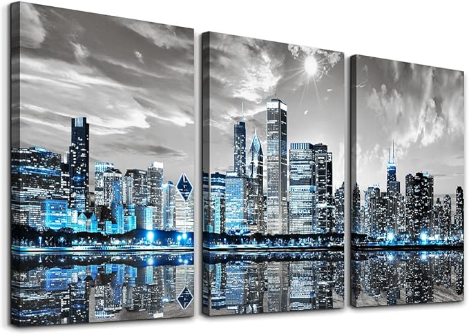 SERIMINO Chicago Skyline Wall Art for Living Room, Modern City Pictures Canvas Wall Decor for Office Bedroom 3 Pieces Set Night Scene Prints Paintings for Home 16"X24"