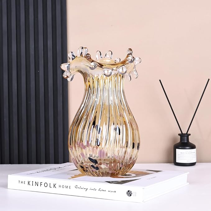 DOVDOV Hand Blown Amber Glass Art Deco Vase, Unique Wide Mouth Table Centerpiece, Perfect for Home Decor, Wedding, Engagement, or Housewarming