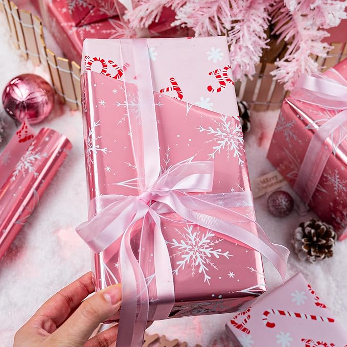 MAYPLUSS Pink Christmas Wrapping Paper Roll - 17IN X 33FT - Christmas Gift Wrapping Paper Featuring White Snowflake Reversible Candy Cane for Kids, Holiday, New Year