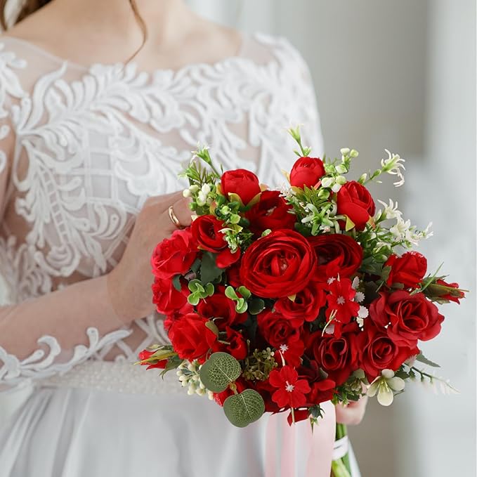 Zeyune 12 Bundles Artificial Peonies Flowers Artificial Silk Rose Faux Dahlia Fake Chamomile Hydrangea Bouquet Bulk for Vase Home Wedding Centerpiece Party Decoration(Red,Scarlet)