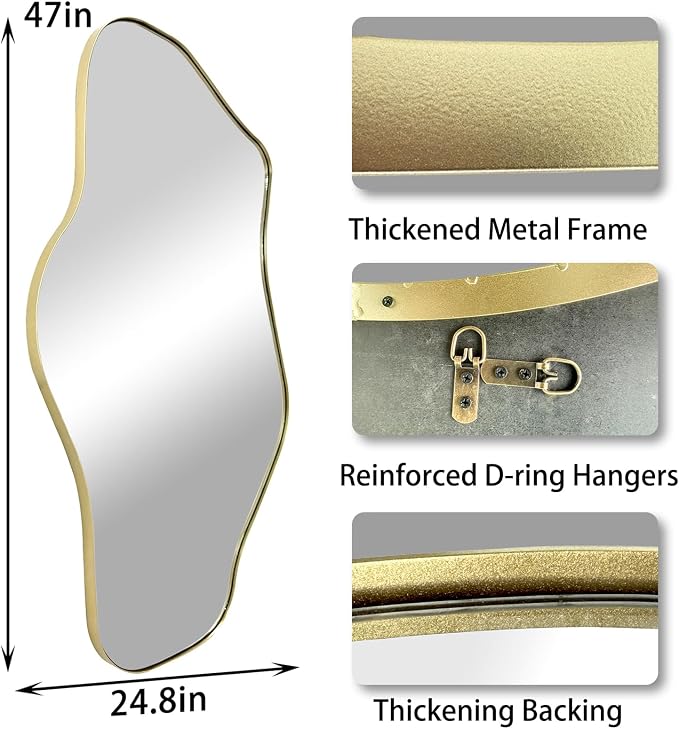 Irregular Wall Mirror, 47.2"x21.5" Asymmetrical Mirror with Gold Metal Frame, Organic Shaped Mirrors for Living Room Bedroom Hallway Entryway Fireplace, Hangs Vertically or Horizontally