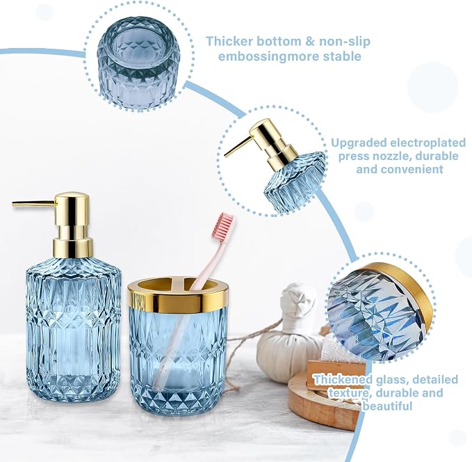 2Pcs Blue Bathroom Accessories Set, Glass Bathroom Accessories, Vintage Bathroom Countertop Decoration Includes Soap Dispenser, Toothbrush Holder