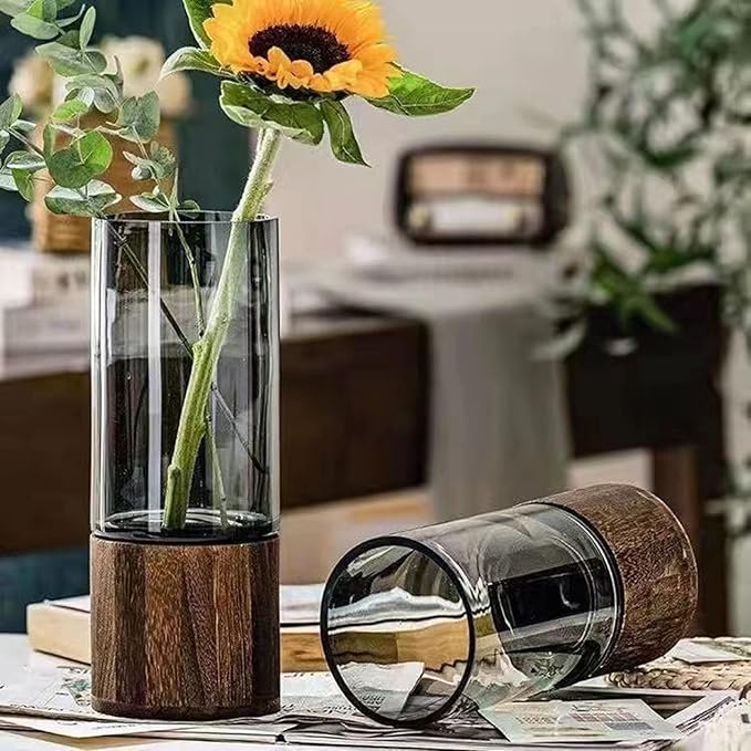 1 PC Simple Creative Wooden Glass Vase Dry Vase Hydroponic Wooden Base Cylindrical Flower Classic Boho Rustic Style for Decoration(Smoky Grey)