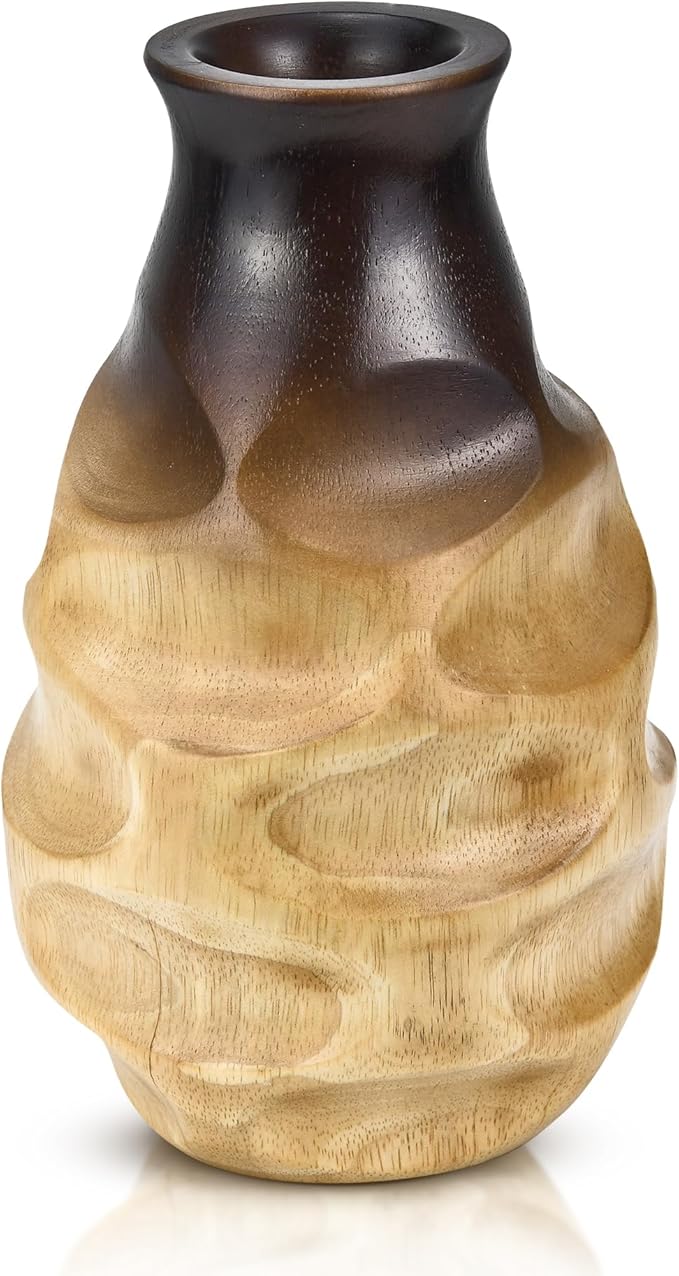 Handmade Ombre Mango Wood Vase – 8-Inch Brown Bottle-Shaped Decorative Accent – Rustic Artisan Flower Vase for Dried or Artificial Flowers – Sustainable Boho Tabletop Decor