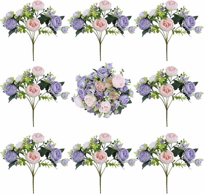 8 Bundles Peonies Artificial Flowers Silk Peonies Faux Flowers Fake Peonies Artificial Flowers Peonies Bouquet for Table Centerpieces Decoration Wedding Decor Home Party Decor (Pink and Purple)