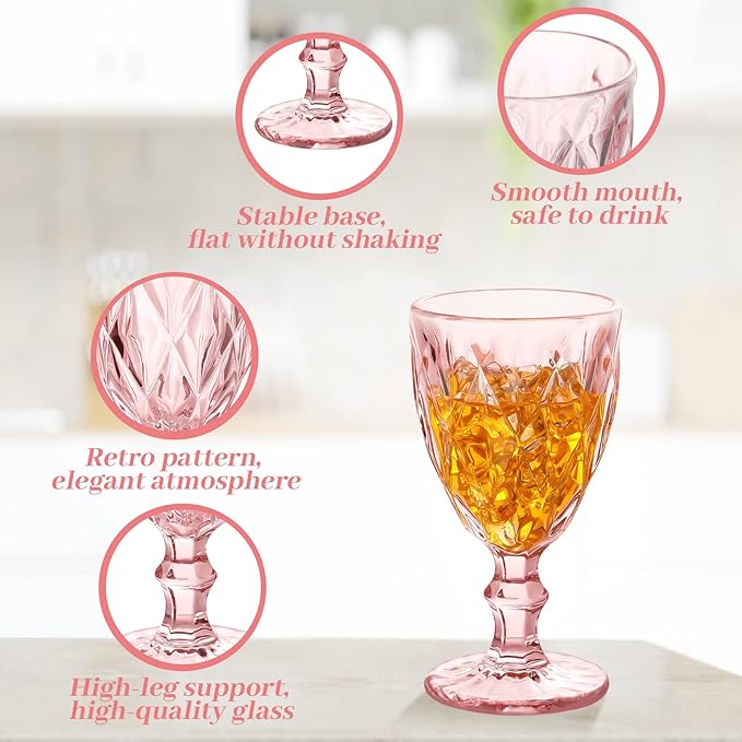 Yinder Glass Goblet Vintage Wine Goblet Embossed Glassware 10 oz Solid Color Glass Stemmed Cups for Iced Tea Beverage Soda Juice Water Liquor and Party Wedding Bars Restaurants(Pink,12 Pack)
