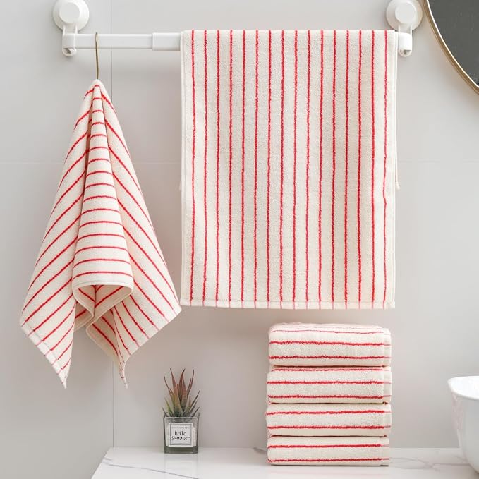 Striped Towels for Bathroom, 6 Pack Bath Hand Towels 100% Cotton Absorbent Quick Dry Face Towels for Bathroom Showering & Guest & Men and Women, 13” x 29”, Red and White Stripe