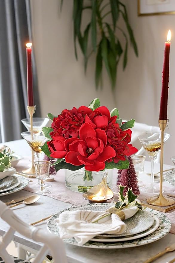 Briful Artificial Magnolia and Hydrangea Flower Arrangement in Glass Vase 9.4" Realistic Red Silk Fake Flower with Faux Water Fake Floral Centerpieces for Home Room Office Table Shelf Décor