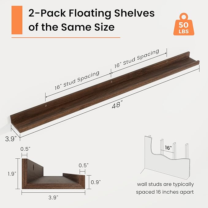 RICHFOCUS Picture Ledge Shelf, 48 inch Floating Shelves Set of 2, Wood Wall Shelves with Lip, Wall Decor Storage for Bedroom Living Room Bathroom Kitchen Nursery Photo Picture, Walnut