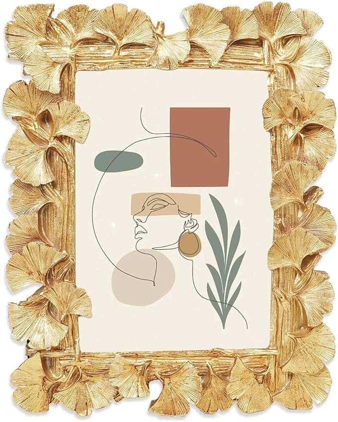 Gold Picture Frames, 4x6 Vintage Gold Frames, Ornate Ginkgo Leaf Textured Hand-Crafted Resin with Glass Front, Antique Photo Frame for Tabletop or Wall Hanging, Retro Design Home Decor