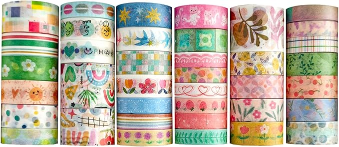 Bomichi 38 Rolls Washi Tape, Aesthetic Colored Decorative Cute Scrapbook Tape for Scrapbooking Supplies Journaling Craft Junk Journal