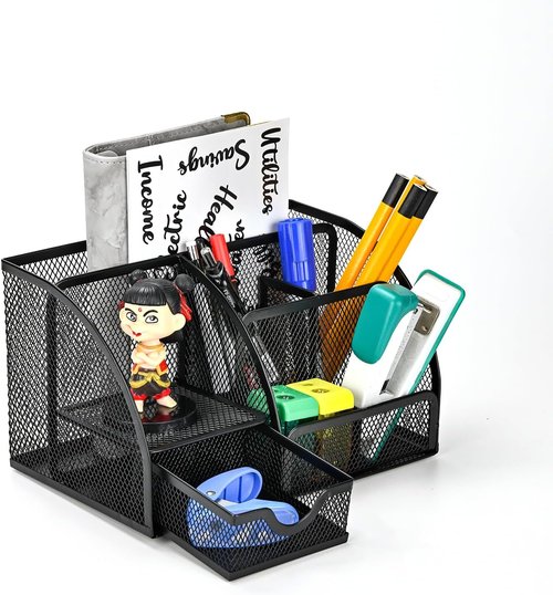 AUSTARK Desk Organizer - Wire Mesh Pencil Holder with 7 Compartments & Mini Drawer | Black