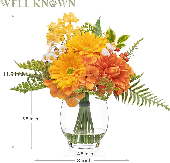 Fake Flowers in Vase with Fake Water, Realistic Faux Silk Dahlia & Gerbera Daisy Artificial Flower Arrangements for Fall Winter Home Wedding Thanksgiving Birthday Party Decor & Gift (Yellow & Orange)