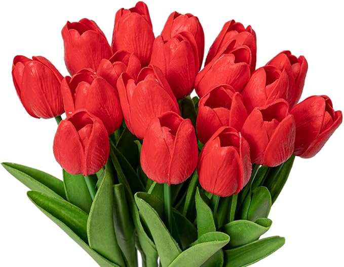 KAOYOO 18PCS Artificial Tulip Flowers Bouquet - Faux Latex Tulips for Home Decor,Office Desk,Kitchen Table,Wedding Centerpiece,Party,Spring Decoration(Red,18 Pack)