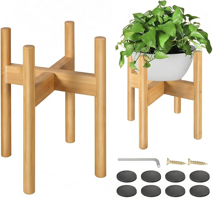 2 Pack Bamboo Plant Stands, Adjustable Plant Stand Indoor, Mid Century Modern Plant Stand, Plant Holder for Living Room, Balcony Fits 8 to 12 Inches Pots (Beige)