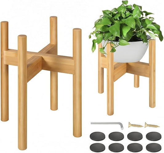 2 Pack Bamboo Plant Stands, Adjustable Plant Stand Indoor, Mid Century Modern Plant Stand, Plant Holder for Living Room, Balcony Fits 8 to 12 Inches Pots (Beige)