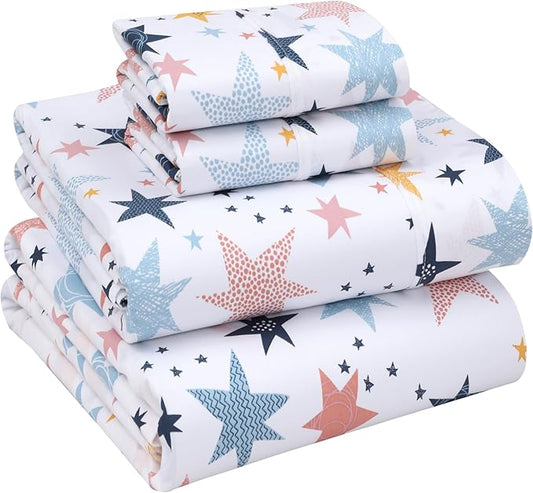 RUVANTI 100% Cotton Sheets Queen Size Set, 4 Pieces, Soft & Breathable Percale Weave Bedding, Deep Pocket 16", Hotel Standard, Crisp Cool Feeling, Durable, Perfect Floral Bed Sheet, Fault Star