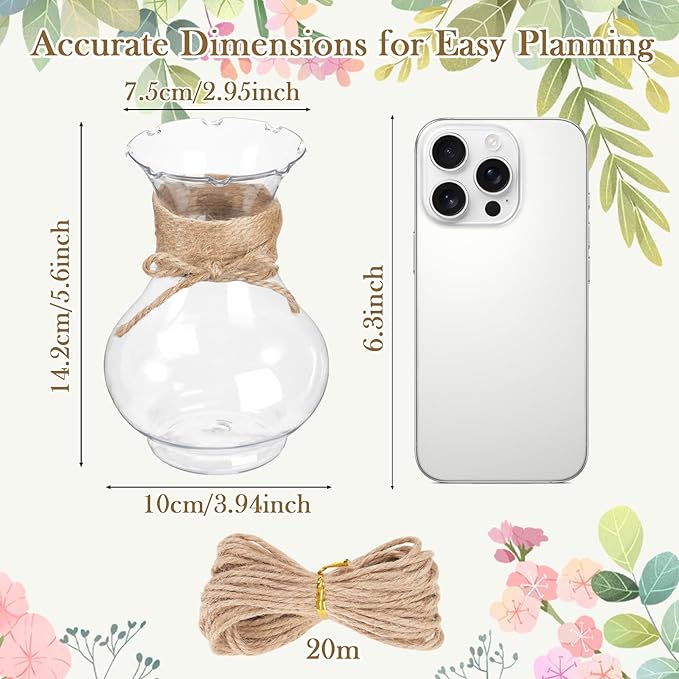 12 Pack Plastic Vases for Flowers with Jute Twine, Flower vasevases for centerpieces, Lightweight Plastic Vases for Centerpieces for Home Party Wedding Deco